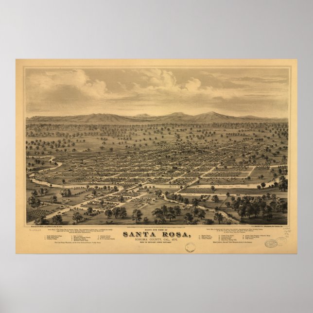 Map of Santa Rosa, Birds-Eye View, 1876 Poster (Front)