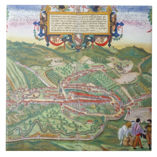 Map of Serravalle, from 'Civitates Orbis Terrarum' Ceramic Tile (Front)