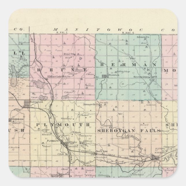 Map of Sheboygan County, State of Wisconsin Square Sticker (Front)