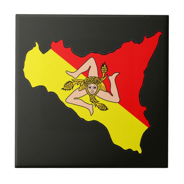 Map of Sicily with Trinacria Symbol Ceramic Tile (Front)