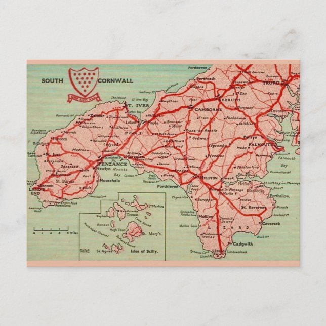  Map of South Cornwall England Postcard (Front)