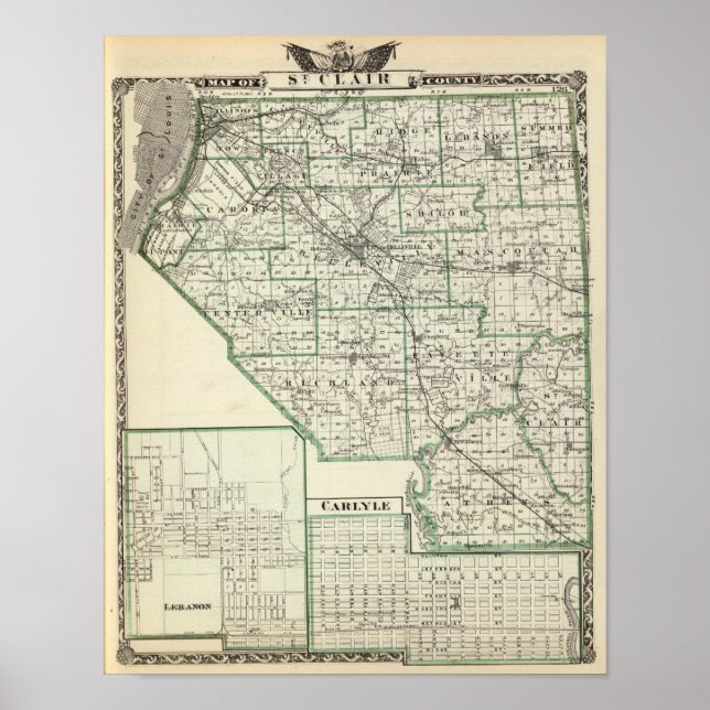 Map of St Clair County, Lebanon and Carlyle Poster (Front)