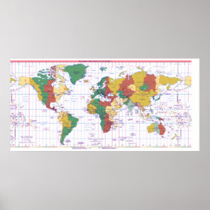 Map of Standard Times Zones of the World Poster