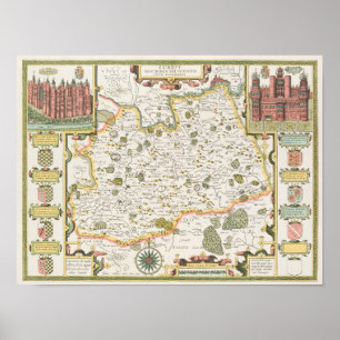 Map of Surrey, engraved by Jodocus Hondius Poster