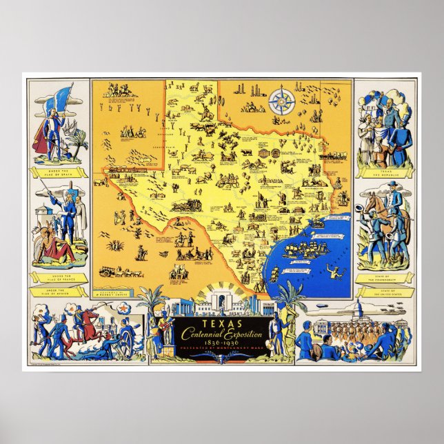 Map of Texas from the Centennial Exposition in 183 Poster (Front)
