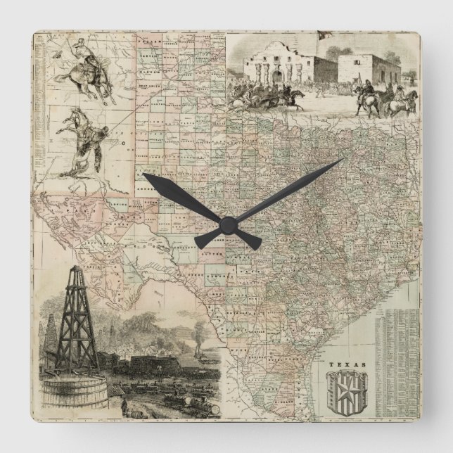 Map of Texas with County Borders Square Wall Clock (Front)