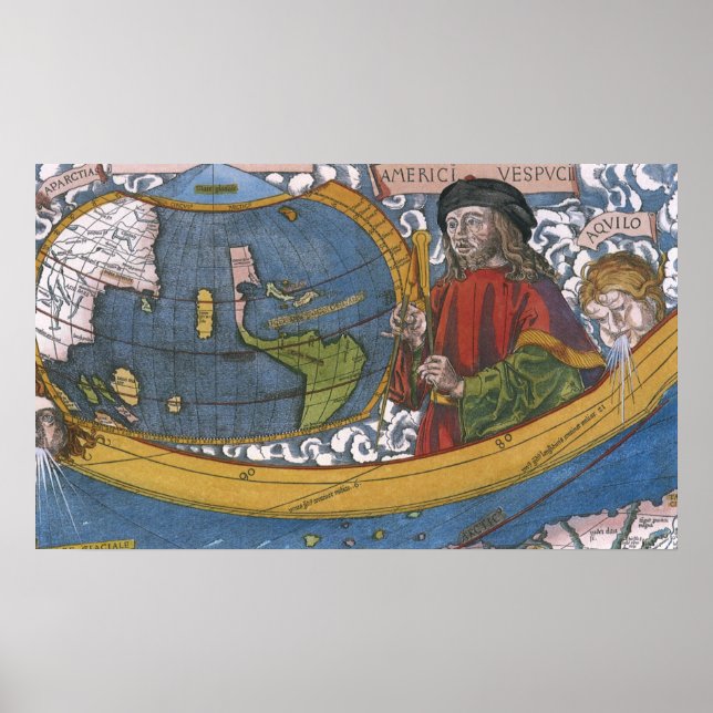 Map of the Americas with Explorer Amerigo Vespucci Poster (Front)