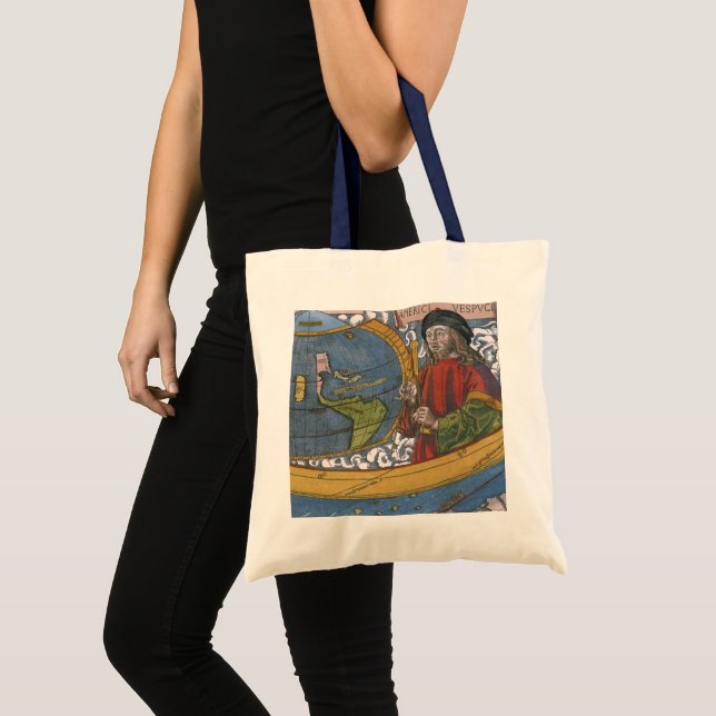 Map of the Americas with Explorer Amerigo Vespucci Tote Bag (Front (Product))
