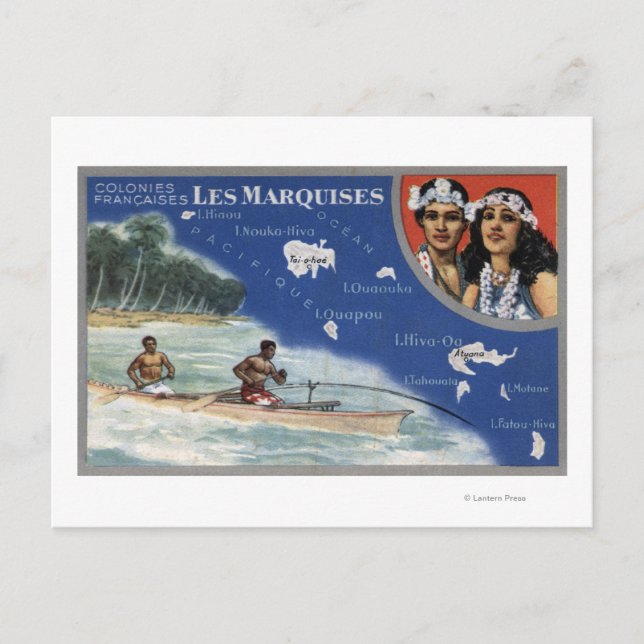 Map of the Islands, Natives in a Canoe Postcard (Front)