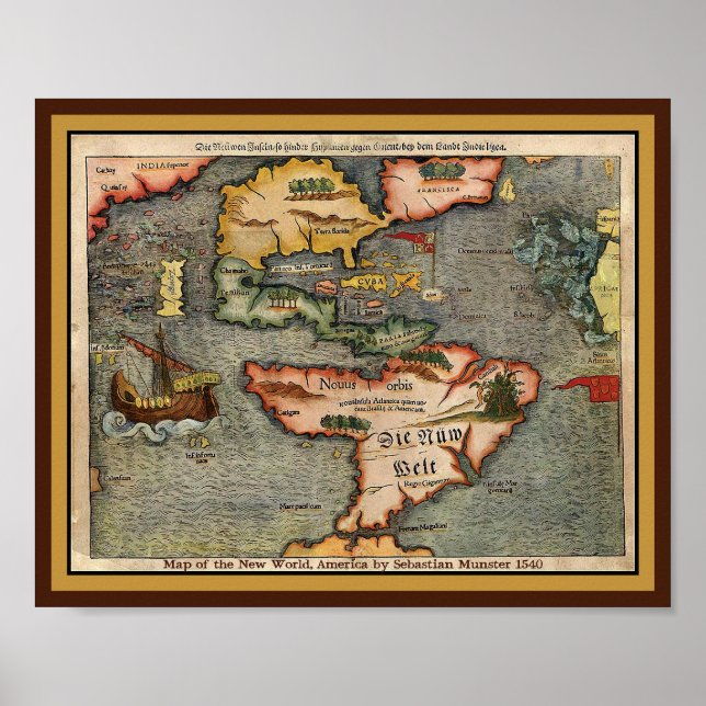 Map of the New World, America by Sebastian Munster Poster (Front)
