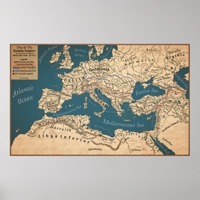 Map Of The Roman Empire At Its Greatest Extent Poster (Front)