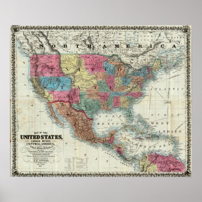 Map Of The United States, Canada, Mexico Poster (Front)