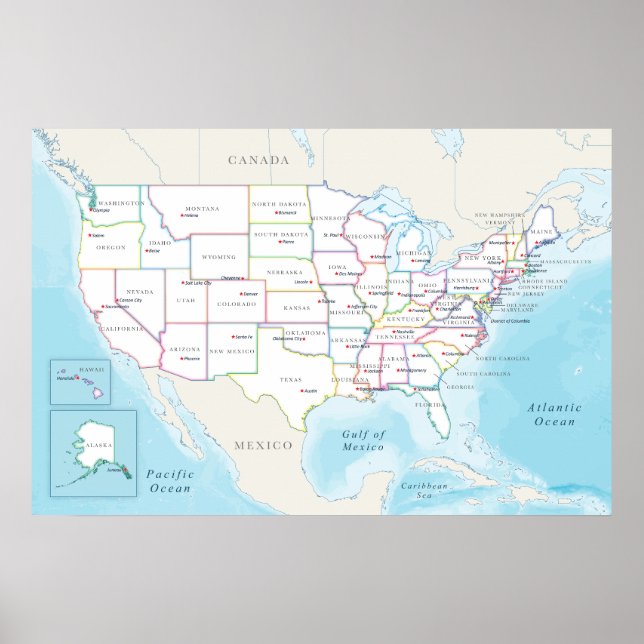 Map of the United States with State Capitals Poster (Front)