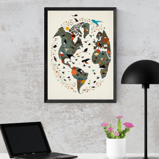 Map Of The World, Charley Harper Inspired Poster