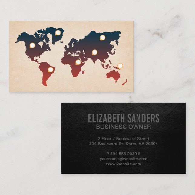 Map of the World | Location Marks Business Card (Front/Back)