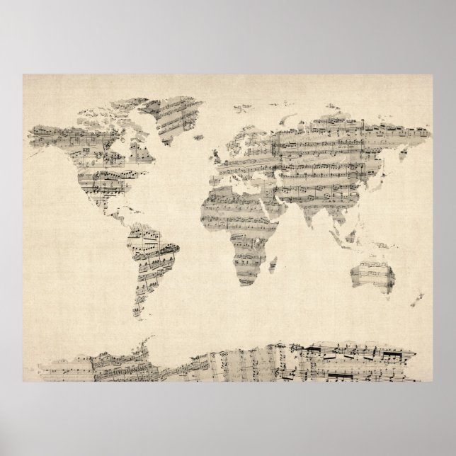 Map of the World Map from Old Sheet Music Poster (Front)