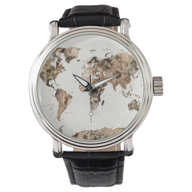Map of the World Map Sepia Watercolor Watch (Front)