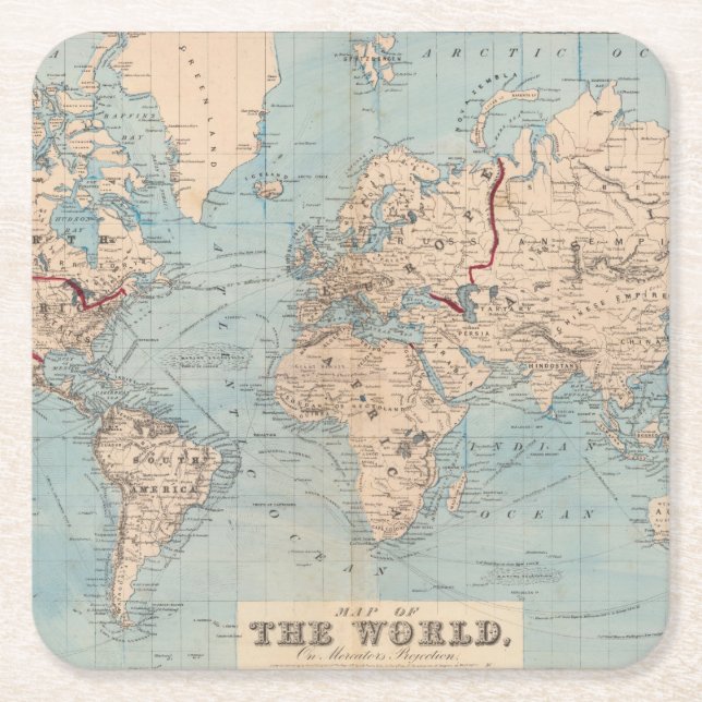 Map of the world on Mercator's projection Square Paper Coaster (Front)