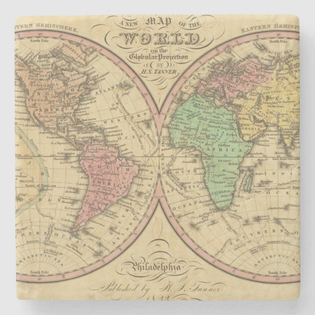 Map Of The World on the Globular Projection 2 Stone Coaster (Front)