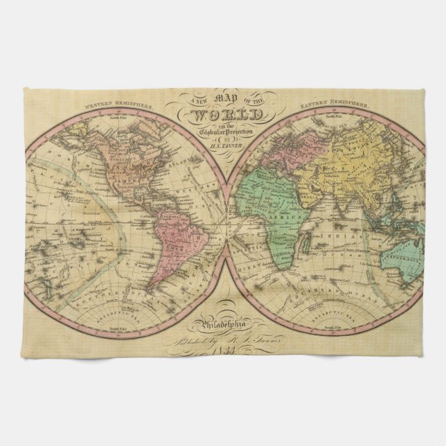 Map Of The World on the Globular Projection Tea Towel (Horizontal)