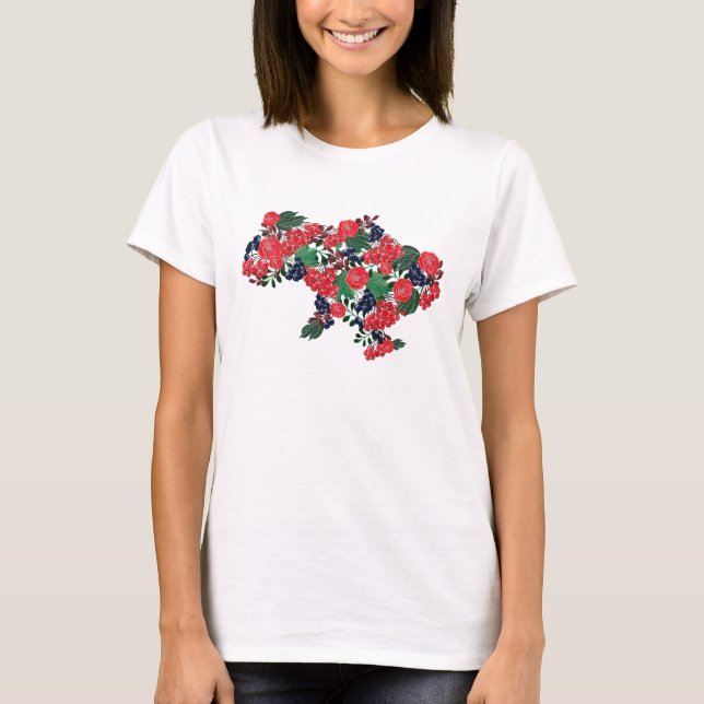 Map of Ukraine from flowers and viburnum berries T-Shirt (Front)