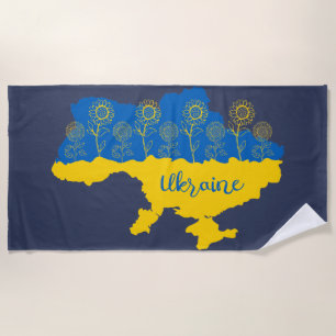 Map of Ukraine with sunflower and Ukrainian flag Beach Towel