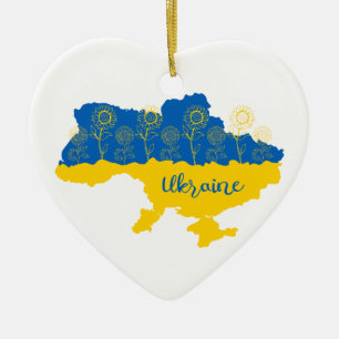 Map of Ukraine with sunflower and Ukrainian flag Ceramic Ornament