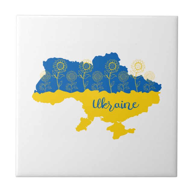 Map of Ukraine with sunflower and Ukrainian flag Ceramic Tile (Front)