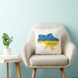 Map of Ukraine with sunflower and Ukrainian flag Cushion