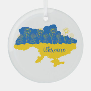 Map of Ukraine with sunflower and Ukrainian flag Glass Tree Decoration