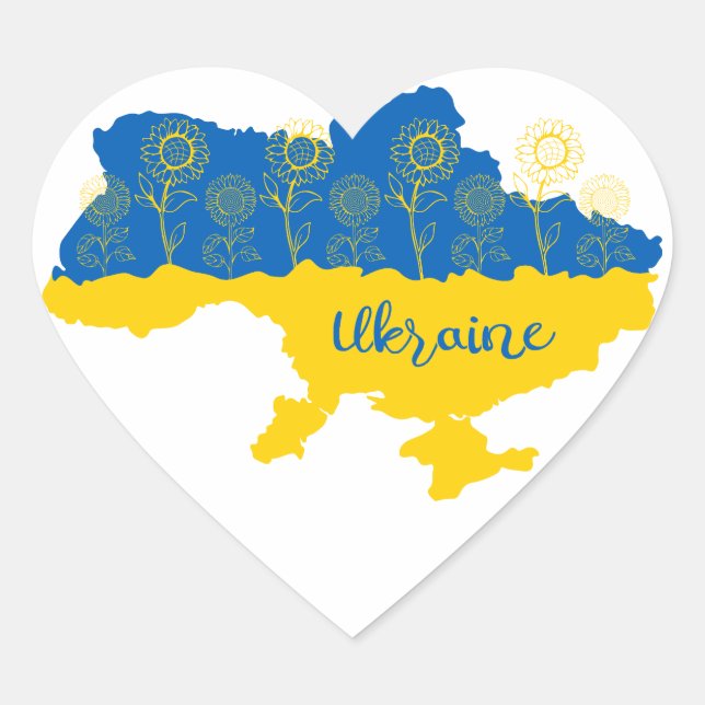 Map of Ukraine with sunflower and Ukrainian flag Heart Sticker (Front)