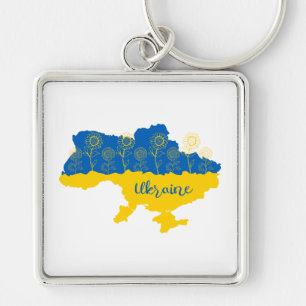 Map of Ukraine with sunflower and Ukrainian flag Key Ring