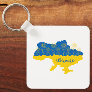 Map of Ukraine with sunflower and Ukrainian flag Key Ring