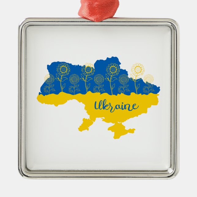 Map of Ukraine with sunflower and Ukrainian flag Metal Ornament (Front)