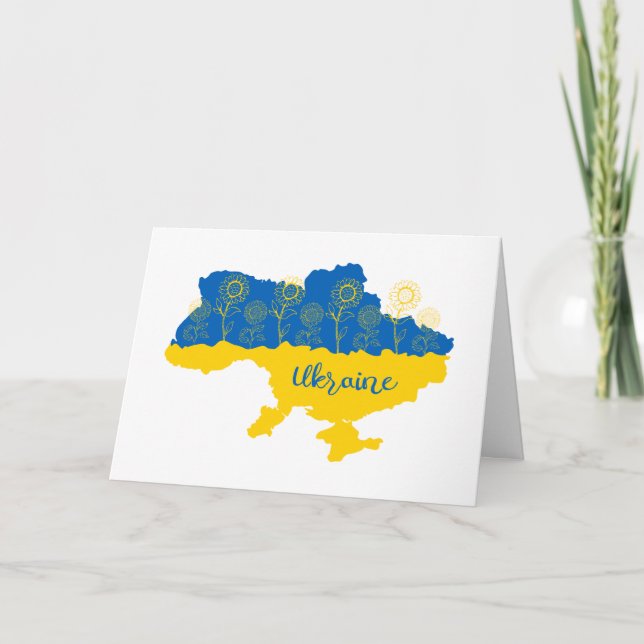 Map of Ukraine with sunflower and Ukrainian flag Note Card (Front)