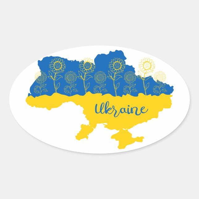 Map of Ukraine with sunflower and Ukrainian flag Oval Sticker (Front)
