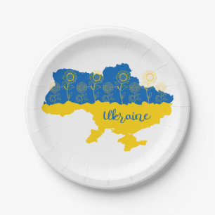 Map of Ukraine with sunflower and Ukrainian flag Paper Plate