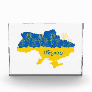 Map of Ukraine with sunflower and Ukrainian flag Photo Block