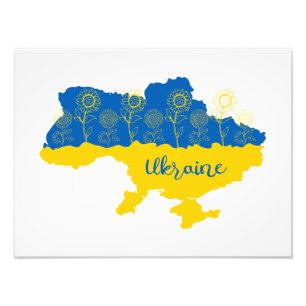 Map of Ukraine with sunflower and Ukrainian flag Photo Print