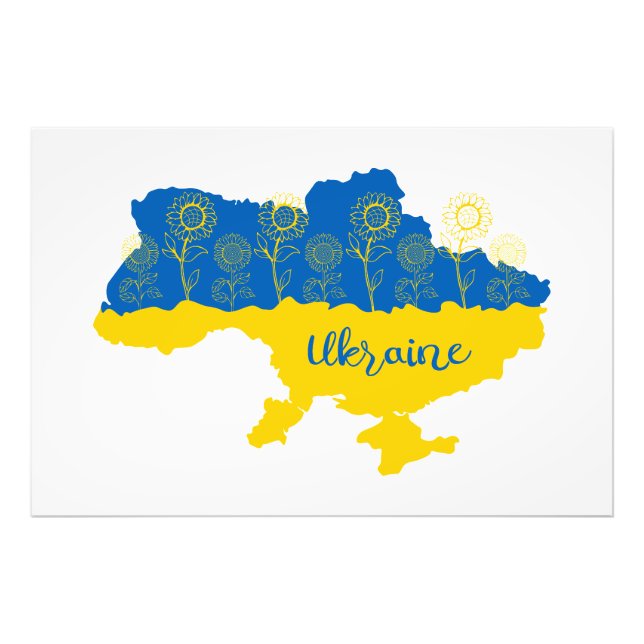 Map of Ukraine with sunflower and Ukrainian flag Photo Print (Front)