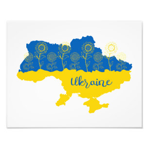 Map of Ukraine with sunflower and Ukrainian flag Photo Print