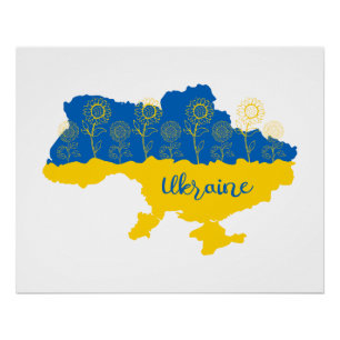 Map of Ukraine with sunflower and Ukrainian flag Poster