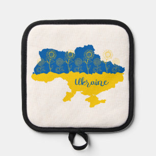 Map of Ukraine with sunflower and Ukrainian flag Pot Holder