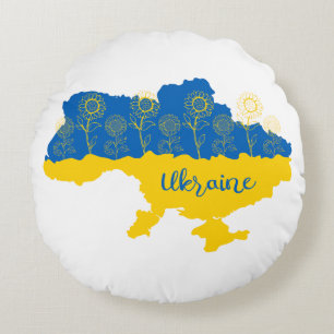 Map of Ukraine with sunflower and Ukrainian flag Round Cushion