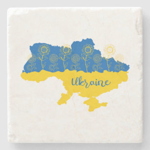 Map of Ukraine with sunflower and Ukrainian flag Stone Coaster