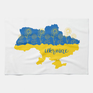 Map of Ukraine with sunflower and Ukrainian flag Tea Towel