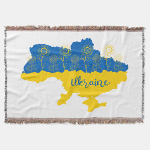Map of Ukraine with sunflower and Ukrainian flag Throw Blanket