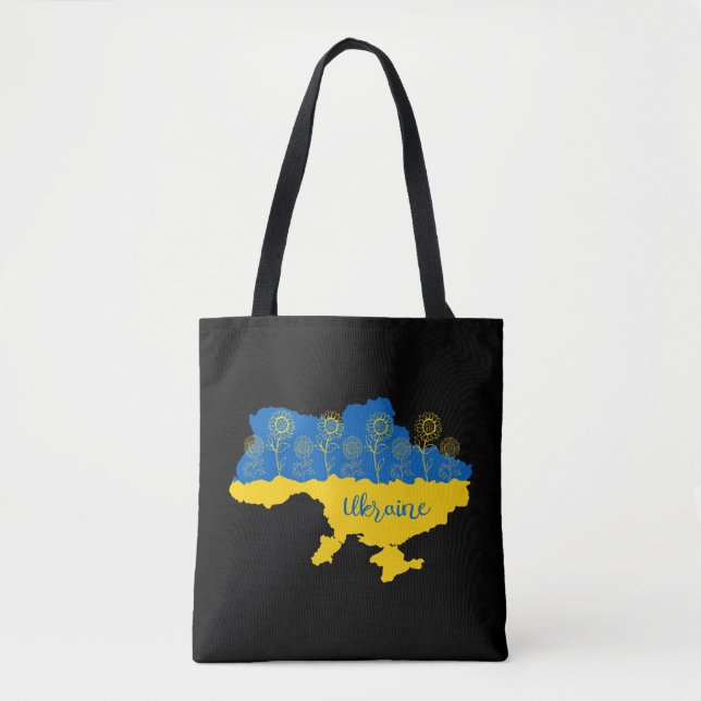 Map of Ukraine with sunflower and Ukrainian flag Tote Bag (Front)