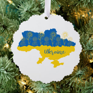 Map of Ukraine with sunflower and Ukrainian flag Tree Decoration Card