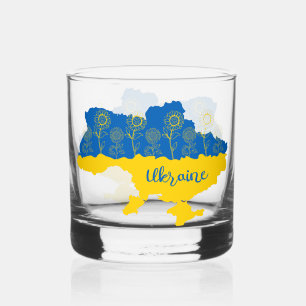 Map of Ukraine with sunflower and Ukrainian flag Whiskey Glass